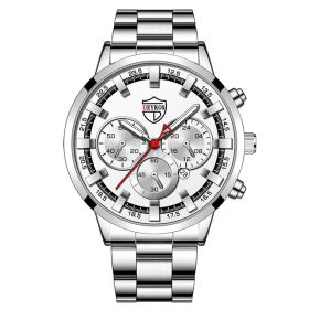 Fashion Mens Watches Luxury Men Sports Gold Stainless Steel Quartz Wrist Watch Man Business Casual Leather Watch Ñ‡Ð°ÑÑ‹ Ð¼ÑƒÐ¶ÑÐºÐ¸Ðµ (Color: Steel Silver White)