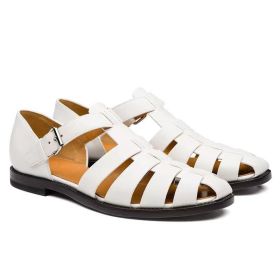 Men's Sport Sandals Closed Toe Outdoor Handmade Leather Sandal (Color: White, size: 40)