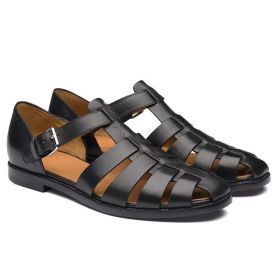 Men's Sport Sandals Closed Toe Outdoor Handmade Leather Sandal (Color: Black, size: 41)