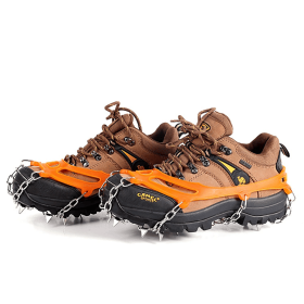 1 pair Outdoor ice claw anti slip shoe cover hiking shoe nail chain stainless steel anti slip snow climbing anti fall shoe nail chain (Color: Orange, size: 13 teeth-M)